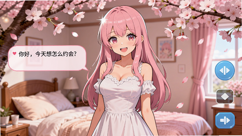 主体:一位二次元纸片人女友角色(粉色头发、白色连衣裙)站在樱花树下微笑,背景是温馨的卧室风格。布局:角色居中,左侧有对话框气泡显示“你好,今天想怎么约会?”。排版:全屏竖屏,画面干净,右侧有游戏UI按钮。风格:日系动漫风,鲜艳明亮,线条细腻。细节:眼睛高光、花瓣飘落。画质:1080p,清晰无模糊。