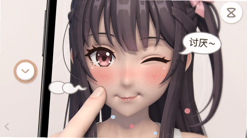 主体:手机屏幕中纸片人女友正在眨眼,手指正点击她的脸颊。布局:屏幕截图,中央为角色面部特写,手指左下方点击。排版:竖屏,界面简洁。风格:二次元Live2D,画风柔和。细节:角色脸颊泛红、情绪气泡“讨厌~”。画质:高清,无锯齿。