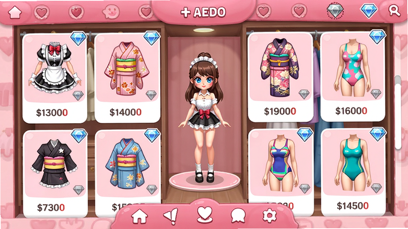主体:衣柜界面,展示多套服装(女仆装、和服、泳装),中间是角色预览模型。布局:网格视图,每件衣服有缩略图和价格。排版:上滑浏览,底部导航栏。风格:商店UI,粉色主题。细节:钻石图标、已拥有标记。画质:2D高清,无多余元素。