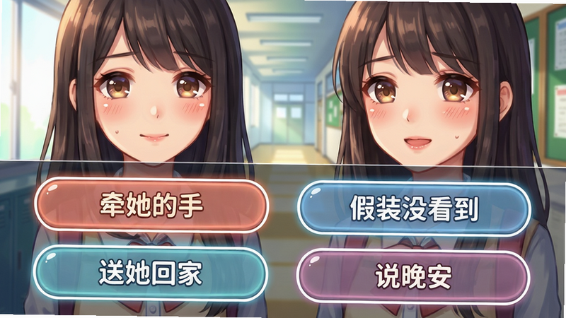 主体:剧情选择界面,四个选项按钮(“牵她的手”“假装没看到”“送她回家”“说晚安”)并列显示。布局:上半部分角色表情,下半部分选项。排版:对话框样式,字体圆润。风格:视觉小说风格,背景校园走廊。细节:选项高亮效果,角色期待眼神。画质:清晰,色彩明亮。