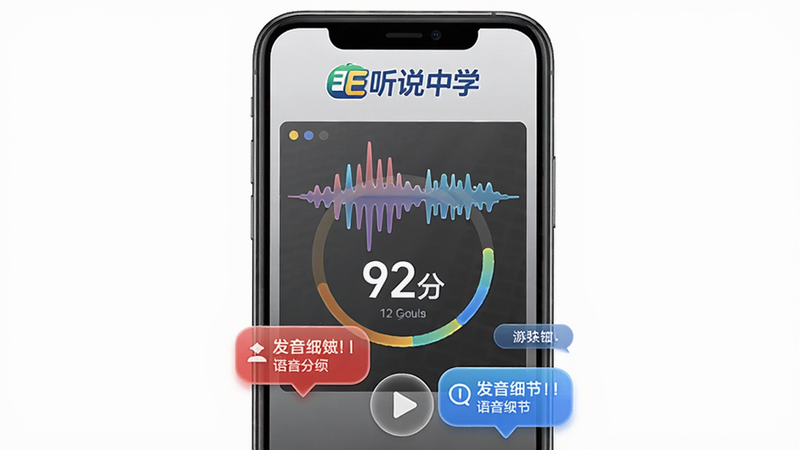 主体为智能手机竖屏界面,显示E听说中学的语音评测结果页,上方有“E听说中学”logo,中间波形图与得分“92分”,下方有红蓝标注的发音细节气泡。布局为手机屏幕截图居中,背景纯白。风格为拟物化UI设计,细节包括高亮色块、评分圆环、播放按钮。画质精细干净,无多余元素。