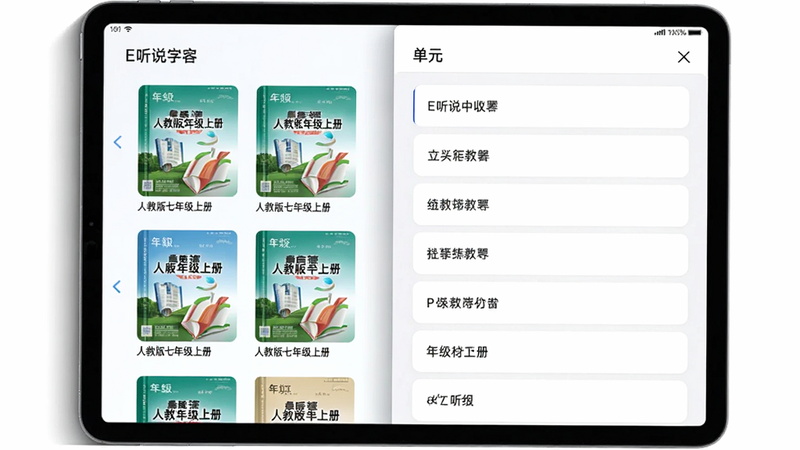 主体为E听说中学app内教材选择界面,左侧列表显示各年级教材封面(如“人教版七年级上册”),右侧为单元列表。布局为平板横屏二分栏,风格扁平化简洁,细节包括书脊阴影、圆角卡片。画质高清柔和,无广告弹窗。