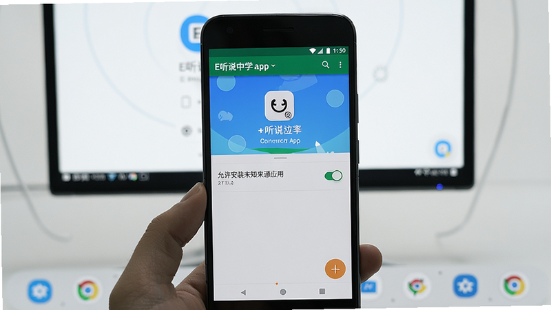 主体为一张E听说中学app在安卓手机上的安装界面截图,显示“允许安装未知来源应用”开关,手机模型居中,背景为极简桌面。风格写实照片风,细节包括手机边框、开关按钮高亮。画质清晰干净。
