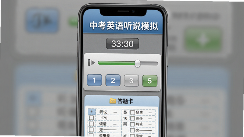 主体为E听说中学模拟考试界面,顶部显示“中考英语听说模拟”标题,中间有听力播放进度条和选项按钮,底部是答题卡。布局为手机竖屏全屏,风格拟物化,细节包括计时器、灰色背景、标准答题卡样式。画质锐利干净,无多余元素。