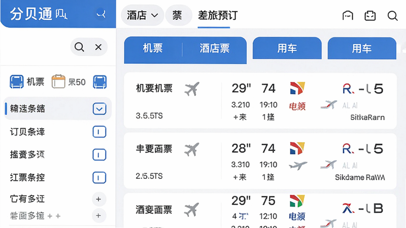 主体:分贝通App中的“差旅预订”页面截图,显示机票、酒店、火车票、用车四个选项卡,下方列出可选航班列表,每个航班显示价格、时间、航空公司logo。布局:左右分栏,左侧筛选条件,右侧列表。风格:商务蓝白配色,文字清晰,排版整齐,画质高清,干净无多余元素。
