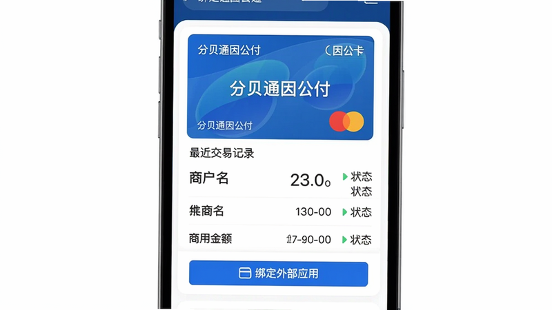 主体:分贝通“因公付”功能界面,展示虚拟卡卡片样式,卡面有“分贝通因公付”字样,下方列出最近交易记录,每条记录显示商户名、金额、时间、状态。底部有“绑定外部应用”按钮图标。布局:卡片式列表。风格:简洁商务,白底蓝字,画质高清,无多余元素。