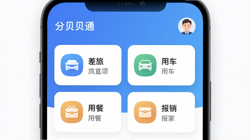 主体:“分贝通”App主界面截图,展示首页差旅、用车、用餐、报销四个核心功能图标,布局采用卡片式排版,蓝色渐变背景,顶部显示企业名称和个人头像。风格:现代化扁平UI,细节清晰,图标圆润,画质高清,干净无多余元素。