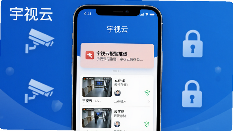 宇视云报警推送界面,手机收到报警通知卡片,下方显示云存储录像缩略图列表,背景为安防监控图标和锁形安全标志,整体风格简洁,蓝色调,标注“宇视云”白色字样,画质高清干净