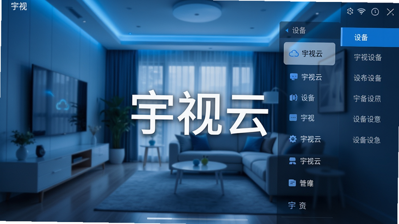 一张展示宇视云手机App主界面的截图,左侧显示实时监控画面,右侧有设备列表和功能菜单,背景为智能家居客厅场景,整体风格简洁现代,蓝色科技色调,画质清晰干净,屏幕中间标注白色“宇视云”字样,无多余元素