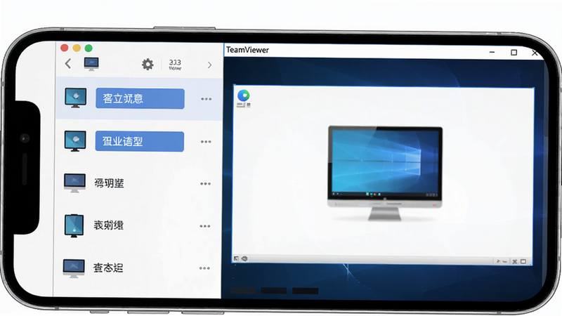 主体为TeamViewer软件界面在手机屏幕上的展示,左侧是连接列表,右侧是远程桌面预览,布局居中,排版清晰,风格现代扁平化,细节包括连接按钮、设备图标,画质高清,干净无多余元素。