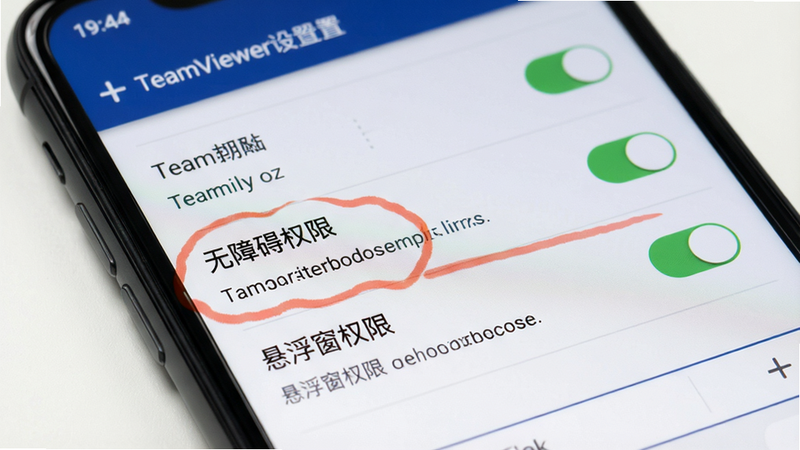 主体为手机屏幕显示TeamViewer设置界面,重点标出“无障碍权限”和“悬浮窗权限”选项,布局为列表样式,风格清晰,细节包括开关按钮和说明文字,画质干净,无多余元素。