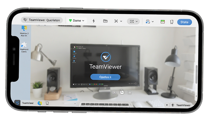 主体为手机屏幕显示TeamViewer连接成功的界面,远程桌面清晰可见,布局采用上下分栏,上方为工具栏,下方为桌面内容,风格简约,细节包括连接状态指示和按钮,画质细腻,干净明亮。