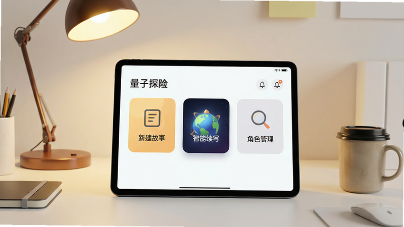 一幅现代简约风格的办公桌面,中央平板电脑显示“量子探险”APP主界面,界面包含“新建故事”“智能续写”“角色管理”等模块,背景是暖色调台灯和咖啡杯,画面干净明亮,突出高效创作氛围,画质高清,无多余元素。