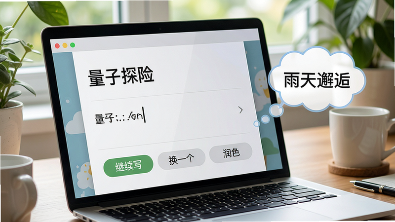 一张写作场景特写,笔记本电脑屏幕显示“量子探险”续写界面,下方有“继续写”“换一个”“润色”三个按钮,光标停留在文字中间,右侧弹出灵感气泡“雨天邂逅”,整体风格清新自然,突出续写辅助功能,画质高清,无多余元素。