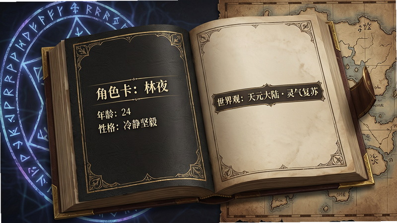 一本打开的精装书页上,左侧显示“角色卡:林夜”“年龄:24”“性格:冷静坚毅”,右侧显示“世界观:天元大陆灵气复苏”,背景是魔法符文与地图线条,整体设计典雅细腻,突出角色与世界观构建功能,画质清晰,无杂乱元素。