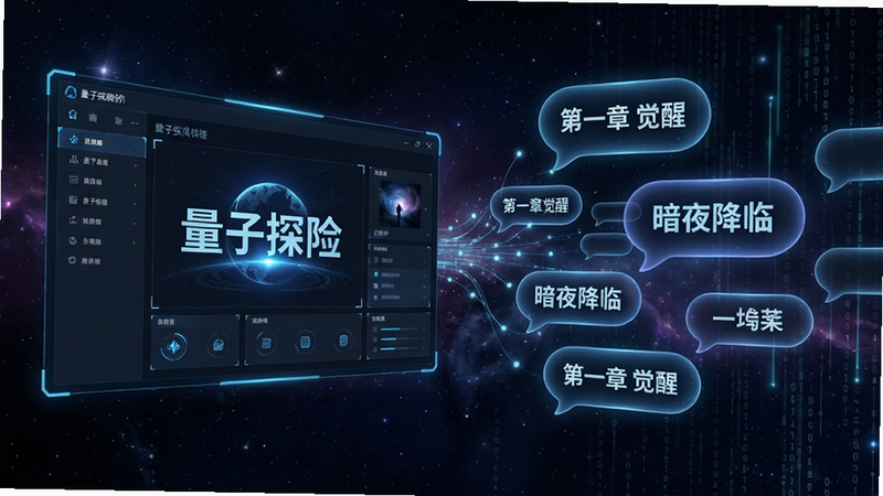 一副科幻风格的数字屏幕,左侧显示“量子探险”软件界面,右侧生成一串串文字气泡,气泡内包含“第一章 觉醒”“暗夜降临”等标题,背景是星空与数据流,整体风格科技感十足,画面干净,突出AI智能生成过程,画质高清。