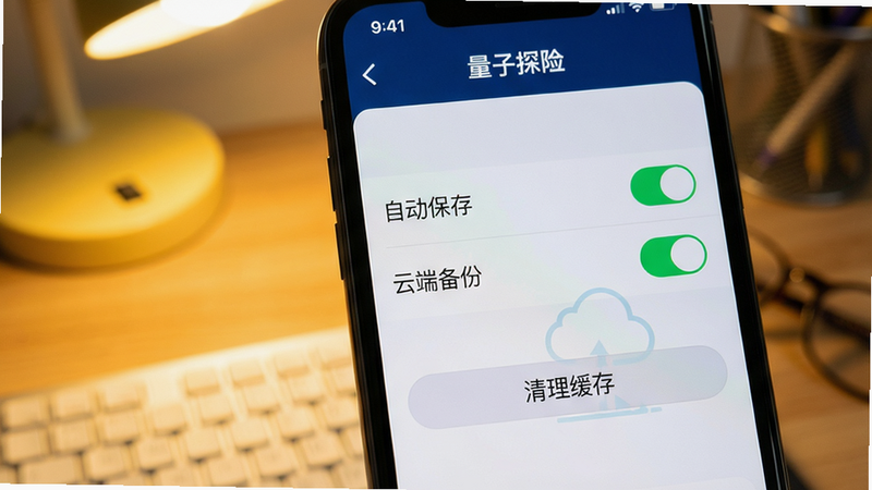 一张手机屏幕截图特写,显示“量子探险”APP设置界面,其中“自动保存”“云端备份”选项已开启,下方有“清理缓存”按钮,背景是暖色书桌,突出设置优化场景,画面干净,画质高清。