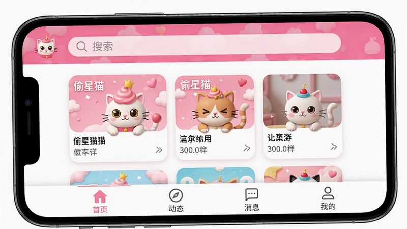 偷星猫APP主界面预览,手机屏幕显示首页推荐卡片,顶部有搜索框,底部导航栏包含首页、动态、消息、我的,整体风格粉白配色,清新简洁,高画质,干净无多余元素,屏幕上显示文字