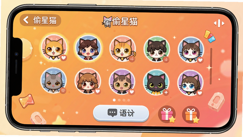偷星猫语音派对界面,手机屏幕显示多人语音房间,顶部有房间名称,中间为参与者头像列表,底部有发言按钮和礼物图标,背景为暖色调渐变,风格活泼,画质清晰,显示文字
