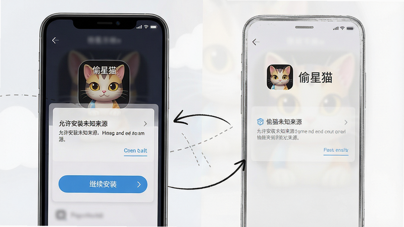 偷星猫安装步骤示意图,手机屏幕显示安装界面,有