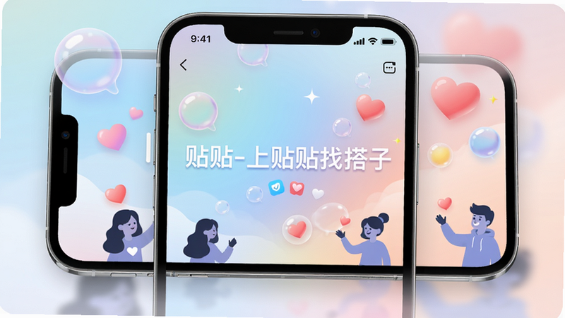 主体为一部手机界面,屏幕中央显示“贴贴-上贴贴找搭子”APP首页,背景是柔和渐变色彩,有气泡、爱心和卡通人物剪影,布局简洁,风格清新活力,画质高清,干净无多余元素