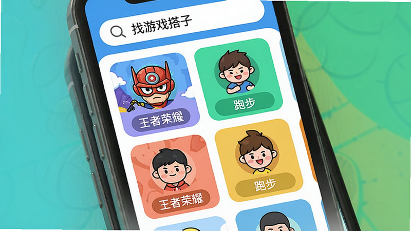 手机屏幕展示匹配界面,顶部搜索栏显示“找游戏搭子”,下方有多个卡通头像卡片,每个卡片标注兴趣标签如“王者荣耀”“跑步”,布局竖向排列,风格扁平化,色彩明亮,画质清晰,无多余元素