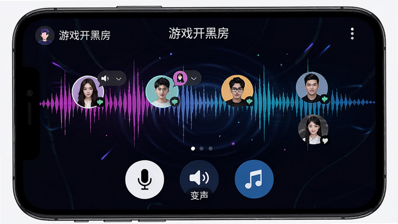 手机界面显示语音聊天室,底部有麦克风、变声、音乐按钮,顶部显示房间名“游戏开黑房”,有多个头像正在发言,背景为动态声波图案,布局紧凑,风格炫酷,画质高清,干净无多余元素