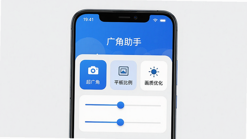 主体为一部安卓手机屏幕显示广角助手主界面,布局居中,界面顶部有
