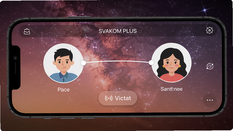 SVAKOM PLUS 远程互动界面,手机屏幕显示两个头像连线,发送震动按钮,背景浪漫星空,风格温馨,高清画质,干净无多余元素