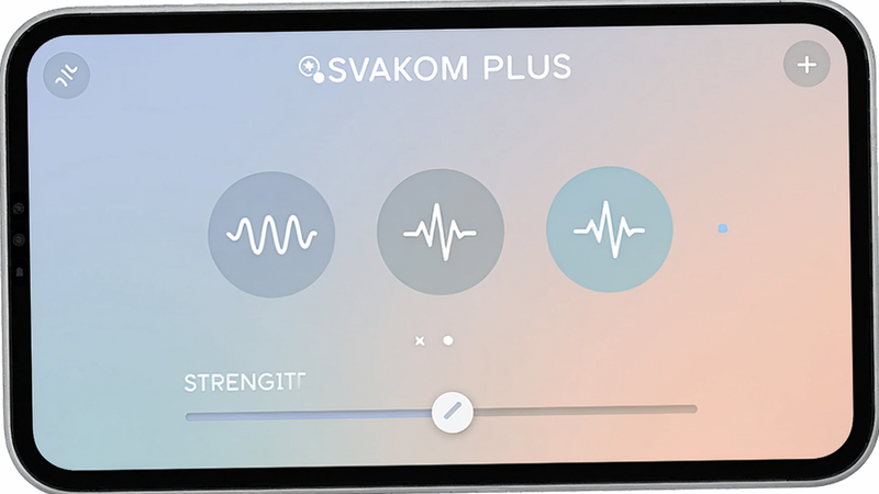 SVAKOM PLUS 震动模式选择界面,屏幕中央显示圆形模式图标如波浪线、脉冲点,底部有强度滑动条,配色柔和,风格扁平化,高清画质,干净无多余元素