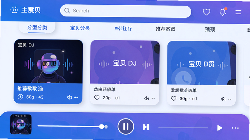 主体:宝贝DJ主界面展示,布局:上方搜索栏和分类标签,中部有推荐歌单卡片,底部播放控制条,排版:左右对称,风格:扁平化、色彩以蓝色和紫色为主,细节:播放条显示歌曲封面和进度条,画质:高清,干净无多余元素。