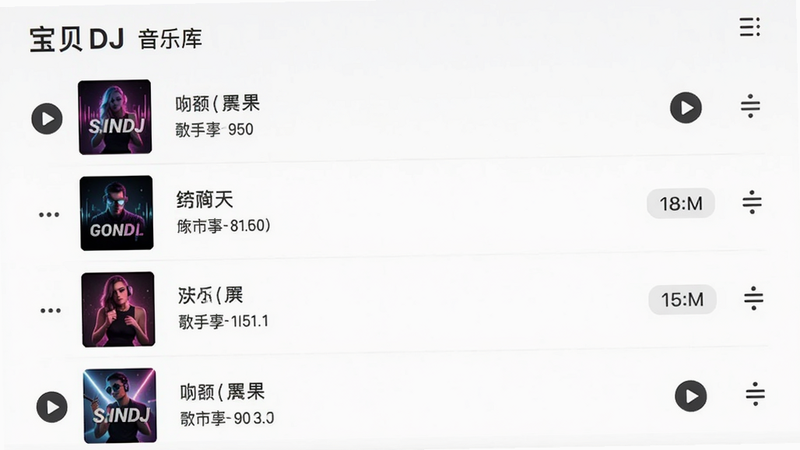 主体:“宝贝DJ”音乐库列表界面,布局:竖向列表展示歌曲封面、歌名、歌手、时长,排版:列表式,风格:现代简洁,细节:每行有播放按钮和操作菜单,画质:高清,干净无多余元素。