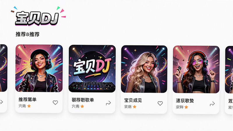 主体:“宝贝DJ”推荐页面,布局:横向滑动卡片展示推荐歌单,卡片上有封面和歌单名,排版:卡片式,风格:活泼明快,细节:每张封面色彩鲜艳,背景有动态效果,画质:高清。
