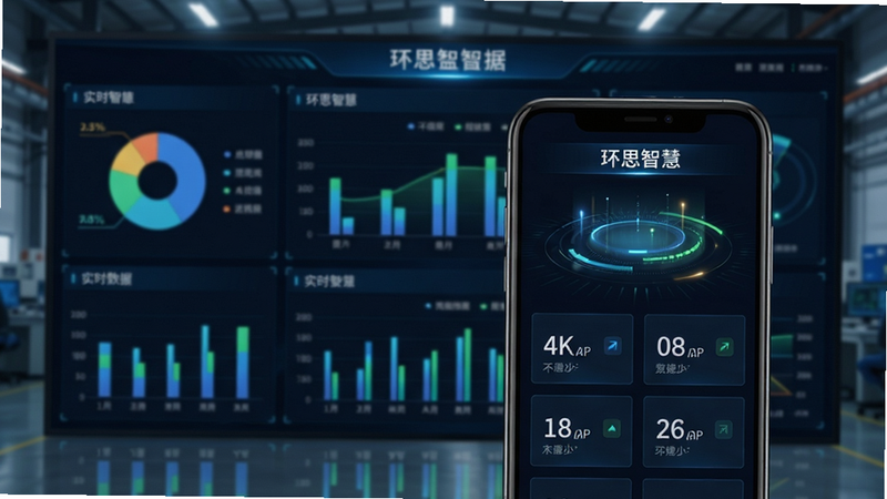 主体:环思智慧数据监控大屏与手机同步;布局:手机屏幕显示实时数据仪表盘,背景为工厂监控大屏;排版:仪表盘以饼图、柱状图、数字卡片组合;风格:科技感,深色背景搭配发光数据;细节:手机屏幕中“环思智慧”标题,数据有动态光效;画质:4K清晰,无多余元素