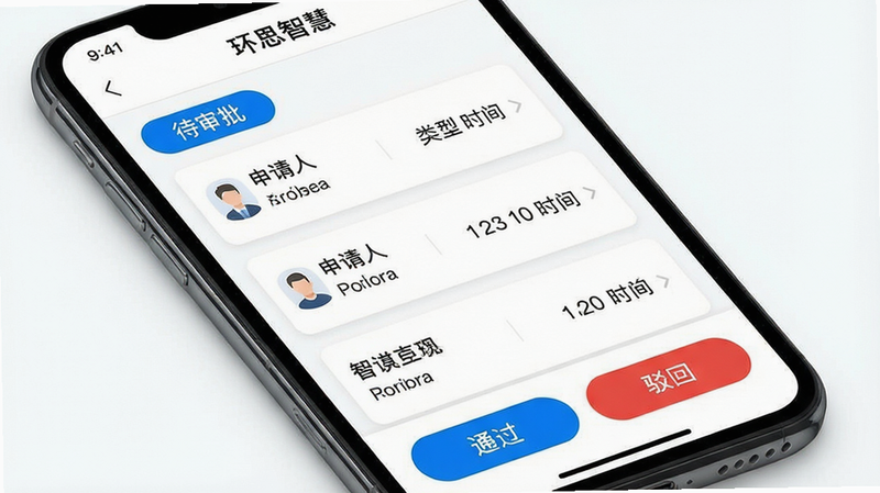 主体:环思智慧移动审批界面;布局:手机屏幕显示审批列表,顶部为“待审批”标签,列表项包含申请人、类型、时间;排版:卡片式设计,按钮清晰;风格:商务简约,白色背景加蓝色点缀;细节:屏幕顶部有“环思智慧”字样,底部有“通过”“驳回”按钮;画质:干净,高对比度
