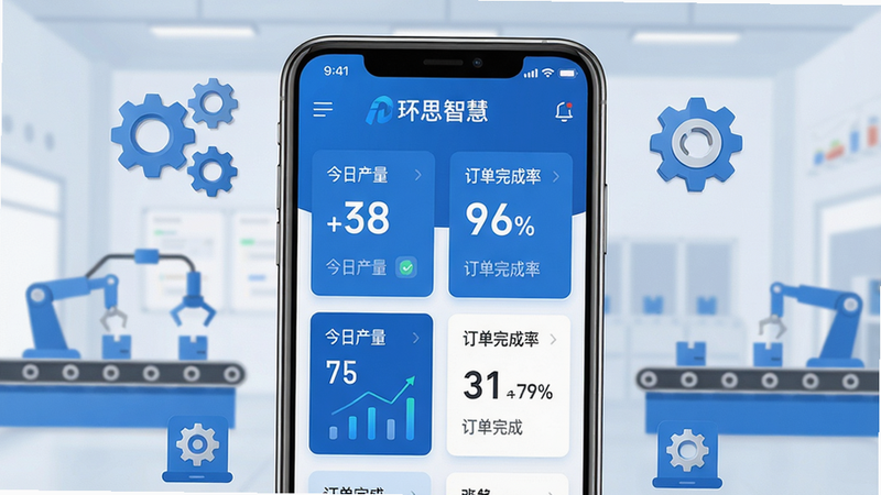主体:环思智慧App主界面与智能工厂背景;布局:手机屏幕位于中央,显示数据看板,周围有齿轮、生产线图标;排版:界面干净,数据图表以卡片式排列;风格:科技蓝主色调,扁平化设计;细节:屏幕中显示“环思智慧”Logo和“今日产量”“订单完成率”等数据;画质:高清渲染,无多余元素,干净明亮