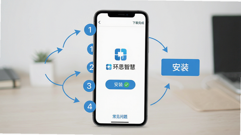 主体:环思智慧App安装与使用步骤图解;布局:手机屏幕显示下载完成页面,旁边有“安装”按钮和对号图标;排版:步骤序号1-4依次排列,配有箭头指引;风格:清新扁平,蓝白配色;细节:图中标注“环思智慧”Logo,底部有“常见问题”链接;画质:高清干净,无多余元素
