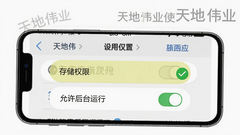 天地伟业使用指南示意图,手机显示APP设置页面,高亮“存储权限”、“允许后台运行”开关,旁边有对勾标记,整体排版干净,文字清晰,背景白色,带有“天地伟业”水印,画质清。