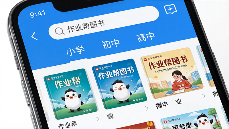 主体为手机屏幕展示作业帮图书APP主界面,中央排列图书封面缩略图,上方有搜索栏和“小学”“初中”“高中”分类标签,界面采用蓝白配色清新风格,细节包含“作业帮图书”logo,画质高清干净,无多余元素