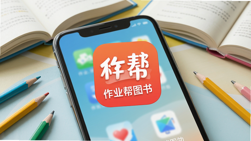 主体为手机桌面展示作业帮图书APP图标,背景为学习用品如书本铅笔,布局居中,图标带“作业帮图书”字样,风格卡通明亮,细节清晰,画质高清干净