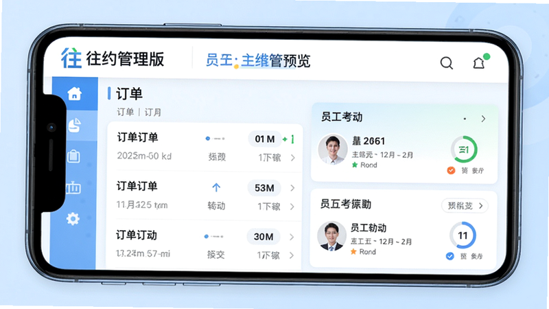 往约管理版软件主界面预览图,手机屏幕显示订单列表和员工考勤,背景为浅蓝色商务风格,布局清晰,顶部有“往约管理版”Logo,画质高清,无多余元素