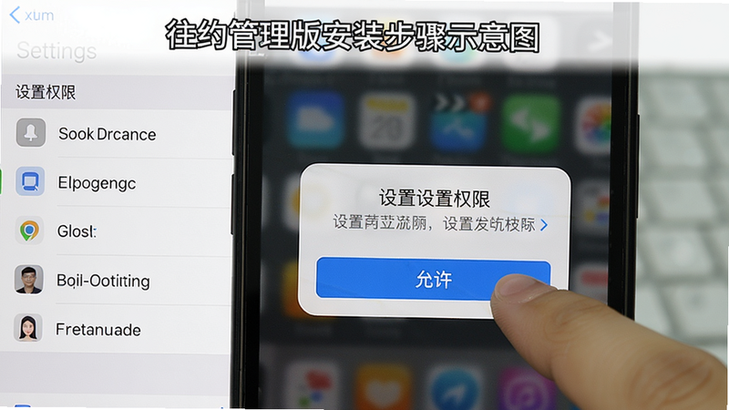 往约管理版安装步骤示意图,手机屏幕显示设置权限弹窗,手指点击“允许”,背景为系统设置界面,风格写实,画质清晰无多余元素