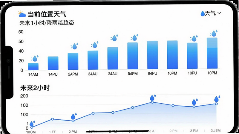 主体为“天气”应用的分钟级降水预报屏幕,显示未来1小时降雨趋势条形图,时间轴每10分钟一个刻度,并用蓝色渐变条表示降水强度。布局上,上方为当前位置名称和当前降雨状态,下方为“未来2小时”折线图。风格简洁直观,采用白色背景配蓝色数据线,细节处有水滴动效图标,画质干净。