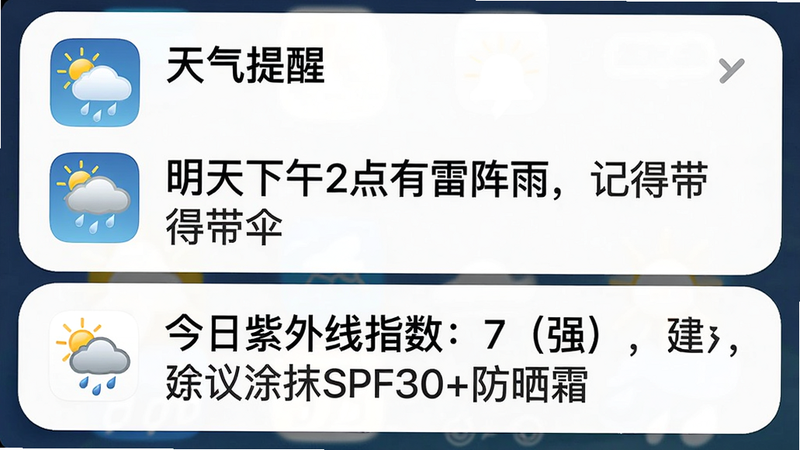 主体为“天气”应用的通知栏提醒截图,顶部显示应用图标和“天气提醒”标题,内容为“明天下午2点有雷阵雨,记得带伞”;下方还有一条“今日紫外线指数:7(强),建议涂抹SPF30+防晒霜”。布局模拟手机通知样式,白色背景,圆角矩形卡片,字体清晰,风格拟物,细节处有天气小图标,画质无多余元素。