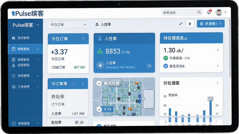 一张Pulse缤客软件主界面截图,展示酒店管理后台的仪表盘,上面有今日订单数、入住率、待处理请求等卡片,布局清晰,采用蓝白配色,现代扁平化风格,界面干净无多余元素,画质高清,突出“Pulse缤客”品牌字样。