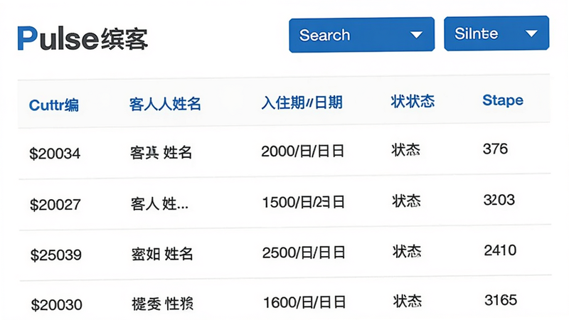 一张展示Pulse缤客订单列表界面的截图,列表包含订单编号、客人姓名、入住日期、状态等列,顶部有搜索和筛选按钮,界面简洁,白色背景,蓝色强调色,字体清晰,画质高,无多余元素。