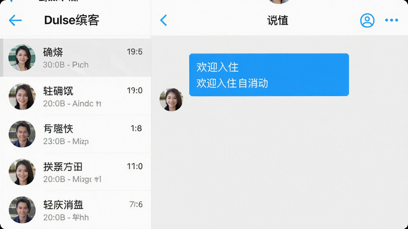 一张Pulse缤客消息界面截图,左侧是联系人列表,右侧是对话窗口,显示一条“欢迎入住”的自动回复消息,界面类似微信聊天,风格简洁,白色背景,蓝色气泡,画质清晰。