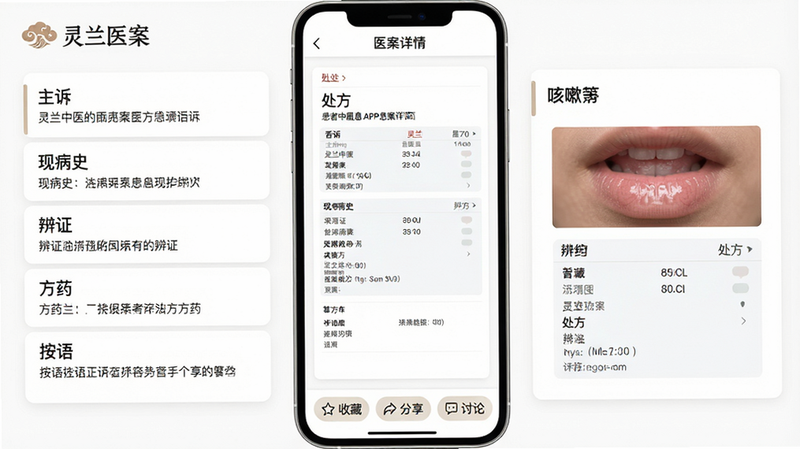 主体:灵兰中医APP医案详情页,显示一例“咳嗽”患者医案,包含舌苔照片、处方截图。布局:卡片式布局,信息分区:主诉、现病史、辨证、方药、按语。风格:简洁、专业,背景白色,字体黑色。细节:页面顶部有“灵兰医案”标识,底部有“收藏”、“分享”、“讨论”按钮。画质:高清,干净,无多余元素。