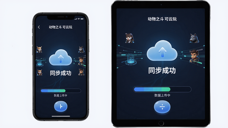 展示《动物之斗 可云玩》云端同步功能界面,主体为手机和平板屏幕并排放置,屏幕上显示游戏角色选择界面,布局左右对称,中间有云朵图标和'同步成功'字样,下方有进度条显示数据上传中,风格简洁科技感,细节包括设备边框、数据流动线、按键圆润,画质清晰。