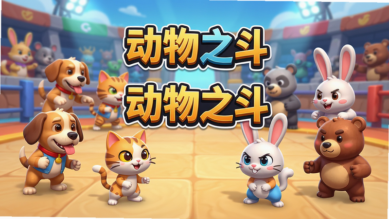 一幅展示《动物之斗 可云玩》游戏主界面的截图,主体为多个卡通动物角色(如狗、猫、兔子、熊等)排列在战斗场景中央,布局中心有游戏Logo'动物之斗'字样,背景是色彩艳丽的竞技场,风格为卡通渲染,细节包括角色表情生动、光影柔和、地面纹理清晰,画质高清,干净无多余元素。